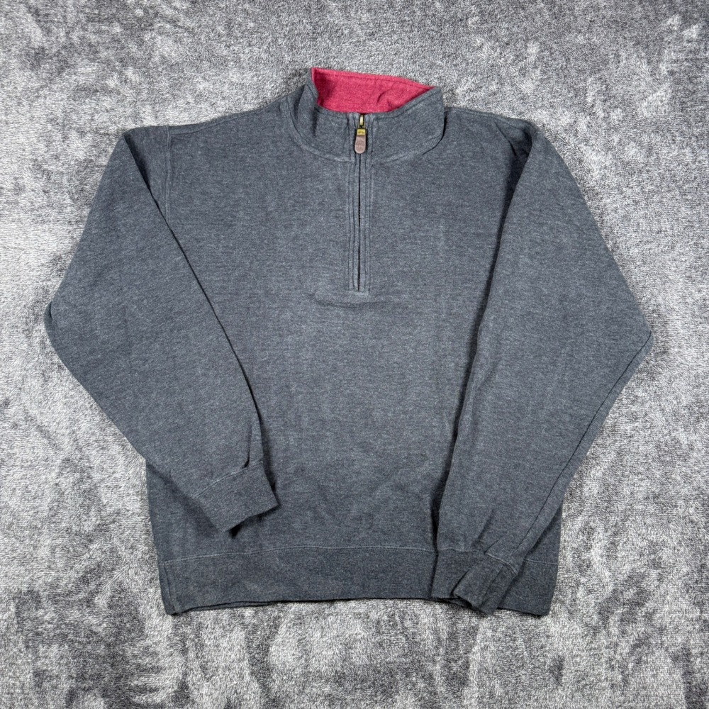 Orvis Mens 1/4 Zip Pullover Sweater Gray 100% Cotton Burgundy Trim Size M